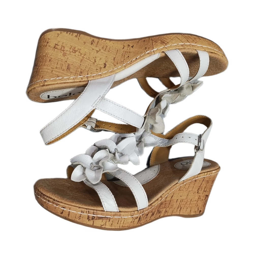 Bolo Wedge Sandals Womens Size 9 White Beige Flower Detail Open Toe Buckle Strap
